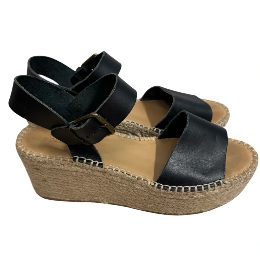 Soludos “Minorca” Wedge Espadrille Sandals Black Leather Strap Size 9.5 Summer